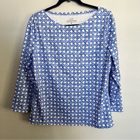 Vineyard Vines UPF 50 Sankaty Simple Boatneck Tee Blue White Print Women's sz M - Picture 1 of 5